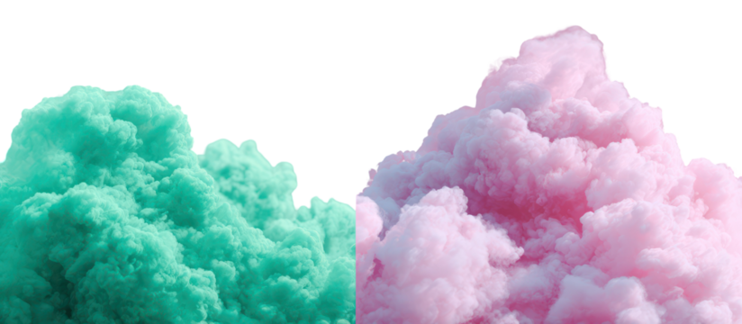 Two colorful abstract smoke clouds isolated on transparent background
