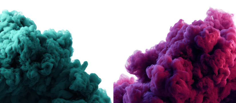 Two vibrant abstract smoke clouds in teal and magenta isolated on transparent background - Powered by Adobe
