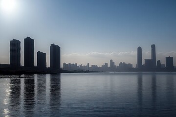 Naklejka premium Calm city skyline with tall modern buildings reflecting on smooth water under hazy sky at sunrise or sunset