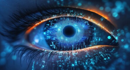 Close-up of a human eye with digital and futuristic blue circuitry patterns and glowing orange highlights around the eyelid conveying a high-tech and cybernetic emotion