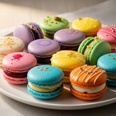 Assortment of Colorful French Macarons on a White Plate.