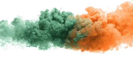 Green and orange ink clouds colliding and swirling isolated on transparent background