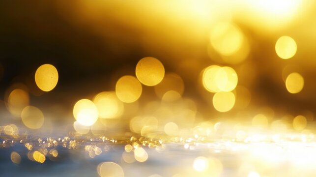 Abstract close-up of golden bokeh light reflections creating a warm glowing and dreamy atmosphere with blurred circular light spots