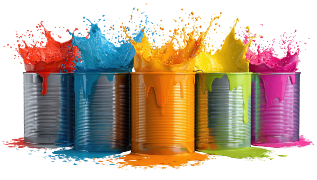 Colorful paint cans with splashes