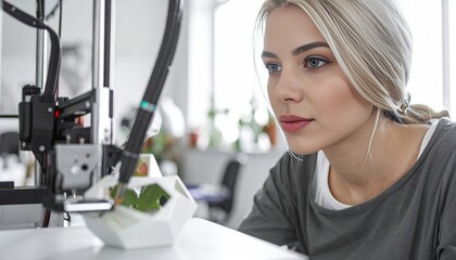 Beautiful young woman operating a 3D printer, monitoring the printing process of a modern prototype in a creative studio with focused expression