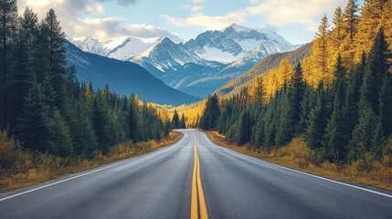 Fototapeta premium Empty road winding through dense green and golden autumn forest with towering snow-capped mountains under a partly cloudy sky