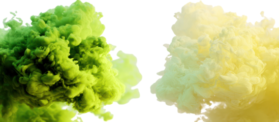 Green and yellow ink clouds swirling abstract shapes isolated on transparent background