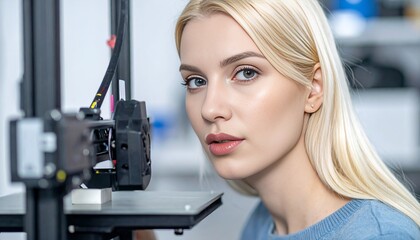 Beautiful young woman operating a 3D printer, monitoring the printing process of a modern prototype in a creative studio with focused expression