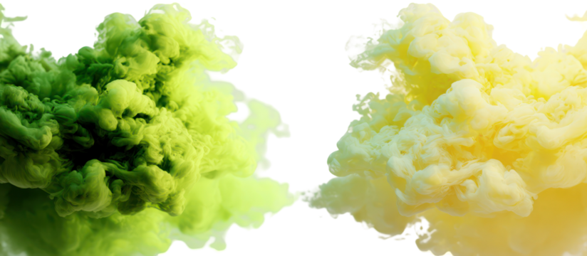Two colorful abstract ink clouds green and yellow isolated on transparent background