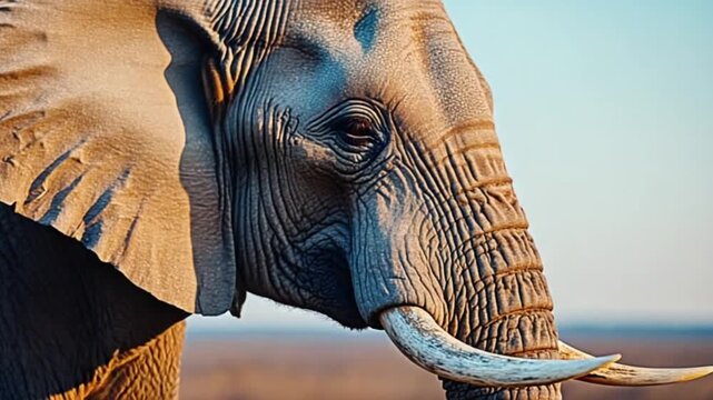 Close up of an elephant with large tusks and wrinkled skin in the warm evening light outdoors elephant video