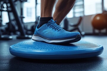 Person wearing blue athletic shoes balancing on a blue balance board in a gym with exercise equipment in the background