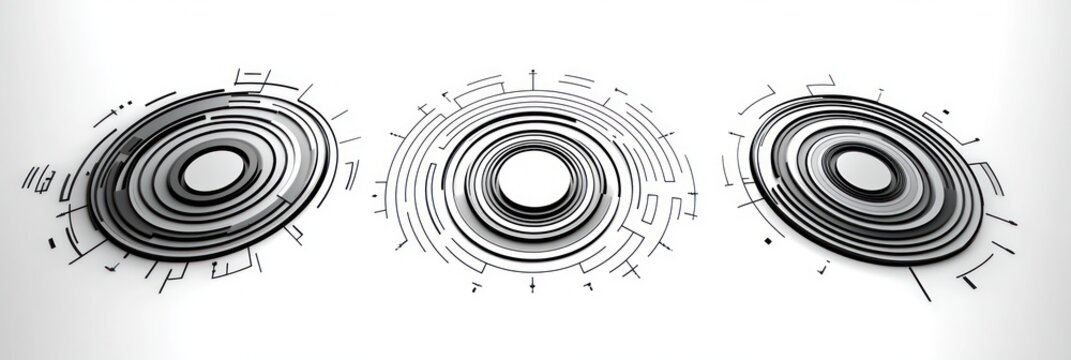 Three concentric circular digital interface elements with layered rings and connecting lines on a white background