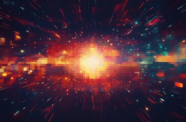 Bright glowing digital explosion with pixelated vibrant squares and streaks of light creating a dynamic futuristic energy burst effect