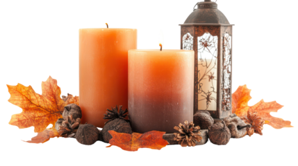 Autumnal arrangement with candles and lantern isolated on transparent background