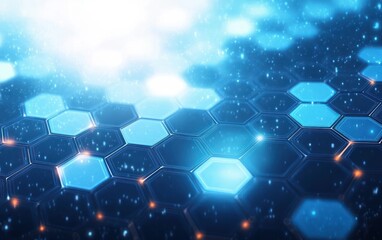 Obraz premium Glowing blue hexagonal digital grid with futuristic light effects and floating particles creating a tech-inspired atmosphere