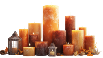 Group of lit pillar candles and lanterns isolated on transparent background