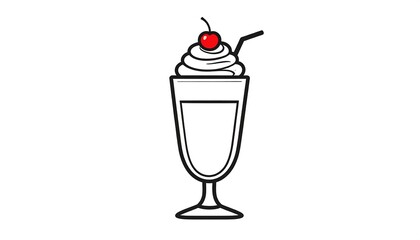 Simple black and white illustration of a milkshake with whipped cream and cherry