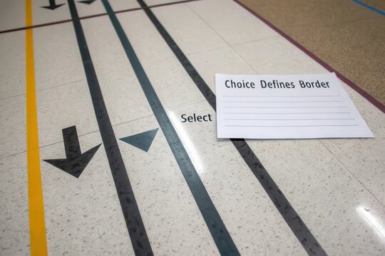 Floor with parallel lines and arrows displaying choice message