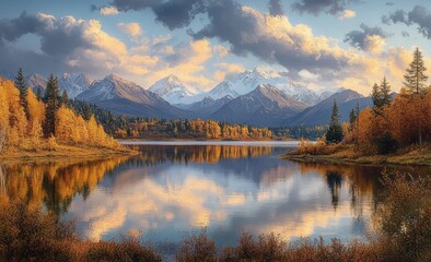 Fototapeta premium serene lake reflecting autumn trees and snow-capped mountains under a vibrant sky with scattered clouds