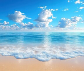 Obraz premium calm ocean waves gently lapping onto a sandy beach under a bright blue sky with scattered fluffy white clouds evoking a peaceful and serene atmosphere