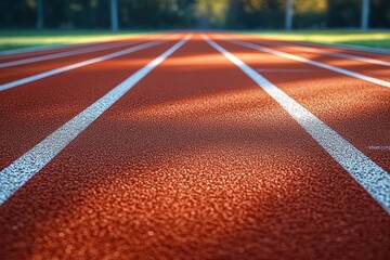 Close-up view of an empty red running track with white lane markings illuminated by sunlight, evoking a calm and focused atmosphere