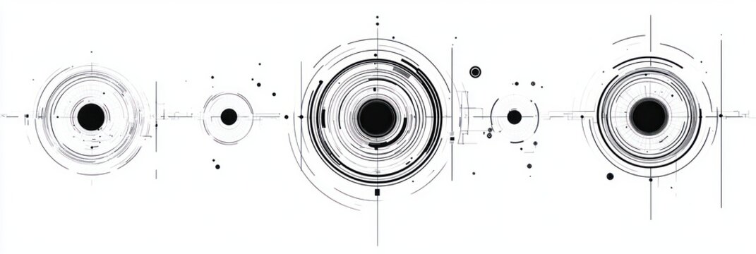Abstract digital interface with concentric circles, lines, and dots arranged horizontally on white background, evoking futuristic technology and data visualization