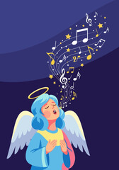 Singing Angel with Halo and Wings Emitting Musical Notes.