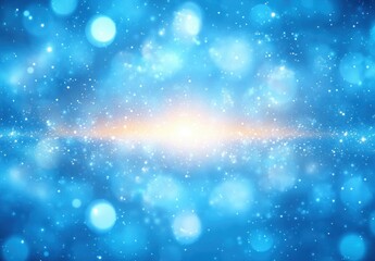 Fototapeta premium Bright glowing center surrounded by blue bokeh lights and scattered sparkling particles creating a dreamy, cosmic, and magical atmosphere