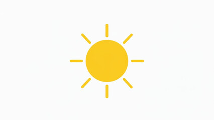 Bright, warm yellow sun with radiating light rays on a clean white background, symbolizing daylight, sunshine, and clear weather conditions for various applications