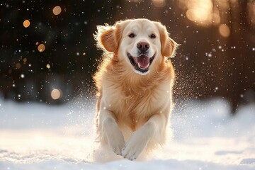happy golden retriever dog running through snow with joyful expression and sparkling snowflakes around in soft sunlight