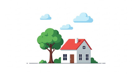 charming detached residential house with a large green tree and fluffy clouds in a bright and airy cartoon style illustration on a white background