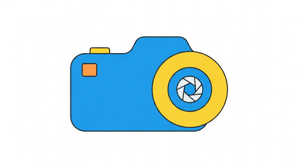 A simple, stylized illustration of a blue camera with a yellow lens, representing photography and capturing memories, perfect for visual storytelling and creative projects