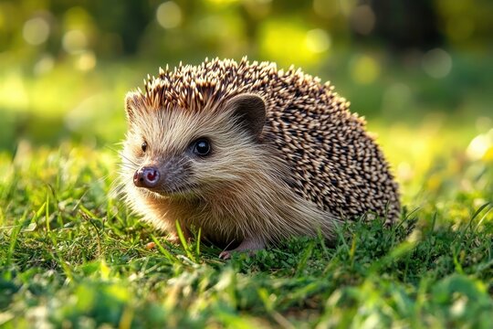 Small hedgehog sitting on green grass in natural outdoor environment with soft sunlight and blurred background