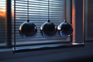 Close-up of a Newton's cradle with three metallic spheres suspended in front of a window with horizontal blinds during sunset, reflecting warm light creating a calm and focused atmosphere