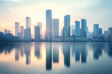 Fototapeta premium Modern city skyline at sunrise with tall glass skyscrapers reflecting on calm water, clear sky creating peaceful and serene urban atmosphere