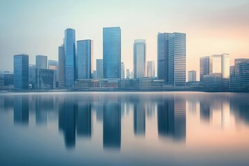 Calm cityscape at sunrise with modern glass skyscrapers reflecting perfectly on smooth water, creating serene and peaceful urban atmosphere