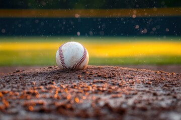 Close-up of a baseball resting on a pitcher's mound with dirt grains and sunlight glowing in the background