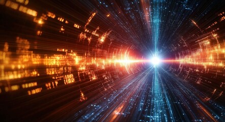 Abstract digital tunnel with glowing orange and blue light patterns converging at a bright white center, evoking speed and futuristic energy
