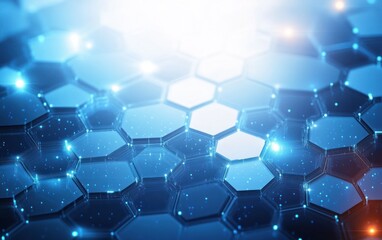 Close-up view of a futuristic honeycomb structure with glowing blue hexagonal shapes and light particles on a transparent surface