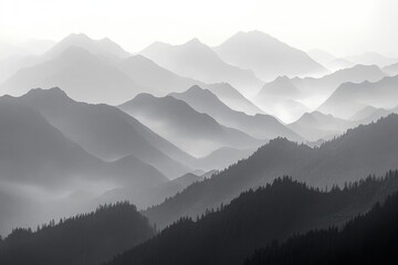 Monochrome image of layered mountain ranges fading into mist creating a serene and tranquil atmosphere