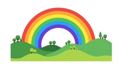 Fototapeta premium Colorful illustration of a rainbow arching over rolling green hills with trees, creating a vibrant and cheerful landscape for various applications