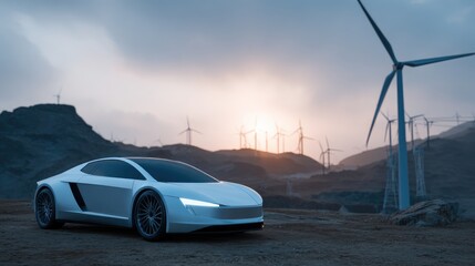 Futuristic Electric Car and Wind Turbines at Sunset in Sustainable Energy Landscape