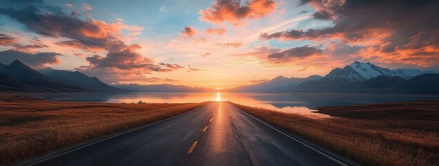 Empty road leading towards a bright sunset over calm water with mountains on both sides and colorful clouds in the sky