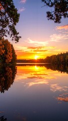 Obraz premium A serene lake reflects the vibrant hues of a sunset, surrounded by lush trees. The sky is painted in shades of orange, pink, and purple, creating a tranquil atmosphere.