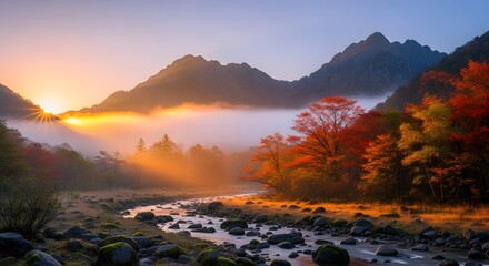 Autumn River Landscape Mountain Scenery Fall Foliage Trees Colorful Nature Outdoors