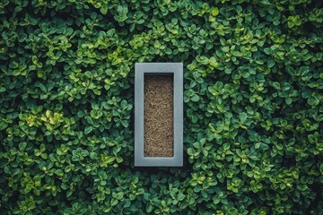rectangular planter box filled with dry soil centered on dense lush green foliage background creating a natural contrast