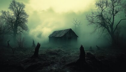 Old wooden shack surrounded by foggy, dark forest with bare trees and tree stumps in eerie, mysterious atmosphere