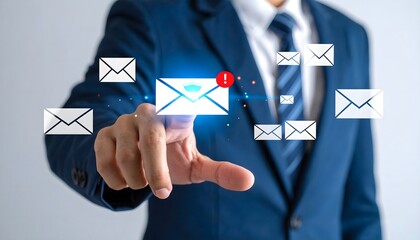 A businessman taps a virtual screen showing an email icon with a security shield and an alert symbol, representing email security, phishing detection, and cyber threat protection.
