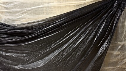Draped black plastic sheet over lighter, textured background