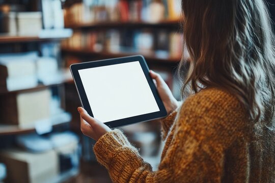 person wearing a mustard knit sweater holding a tablet with a blank white screen in a cozy library or bookstore setting - Powered by Adobe